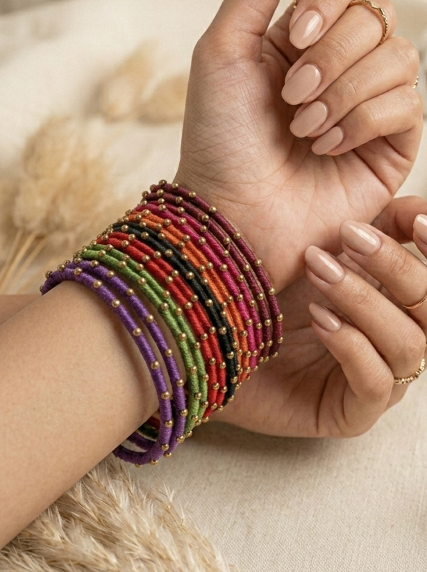 Set of 14 Silk Thread Bangles with Gold Bead Accents hhb-26-116
