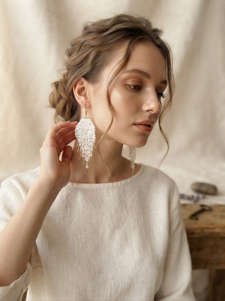 White and Gold Beaded Fringe Earrings hhe-26-11
