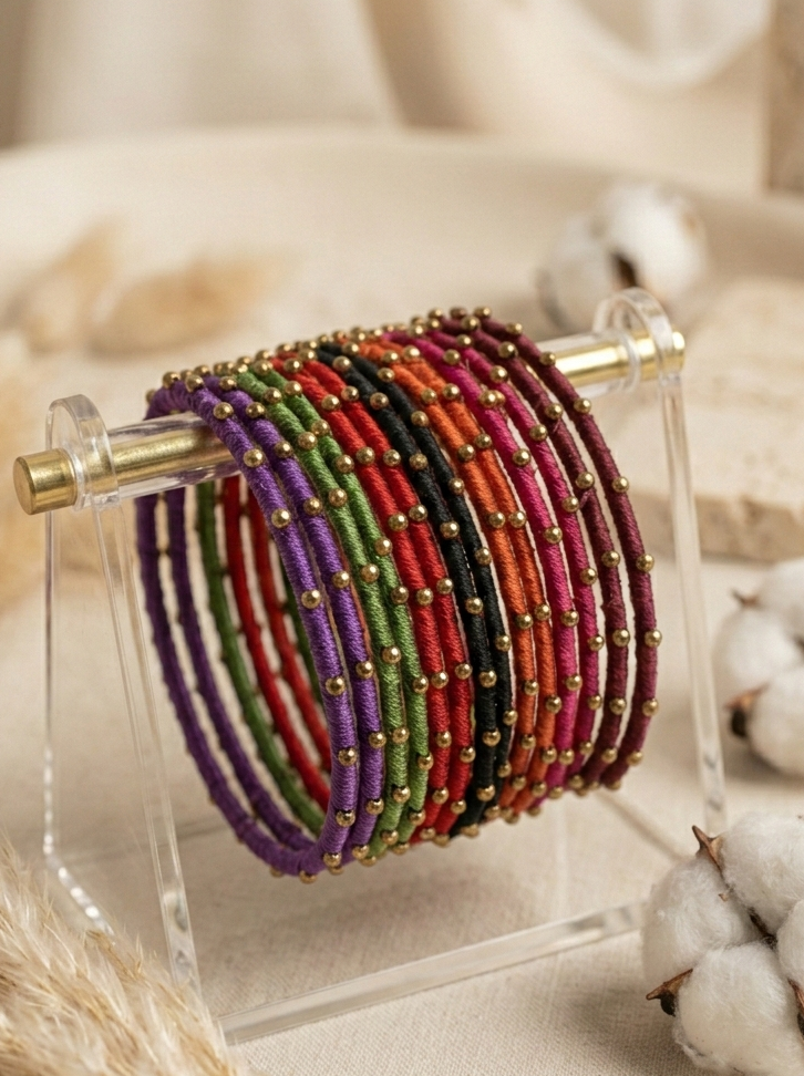 Set of 14 Silk Thread Bangles with Gold Bead Accents hhb-26-116