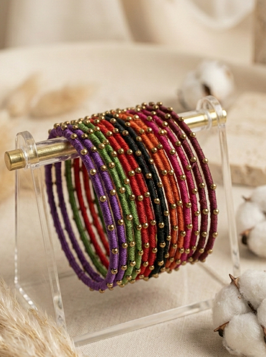 Set of 14 Silk Thread Bangles with Gold Bead Accents hhb-26-116