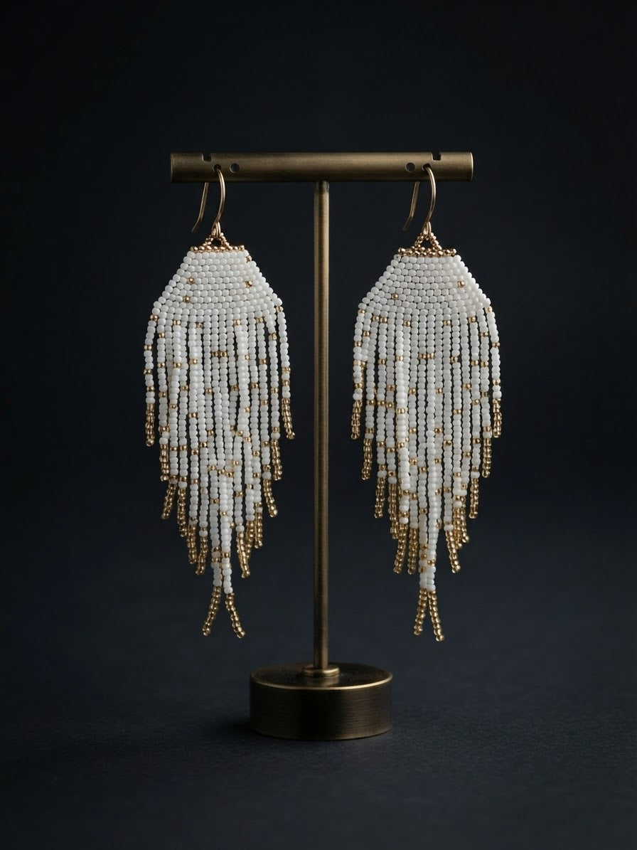 White and Gold Beaded Fringe Earrings hhe-26-11