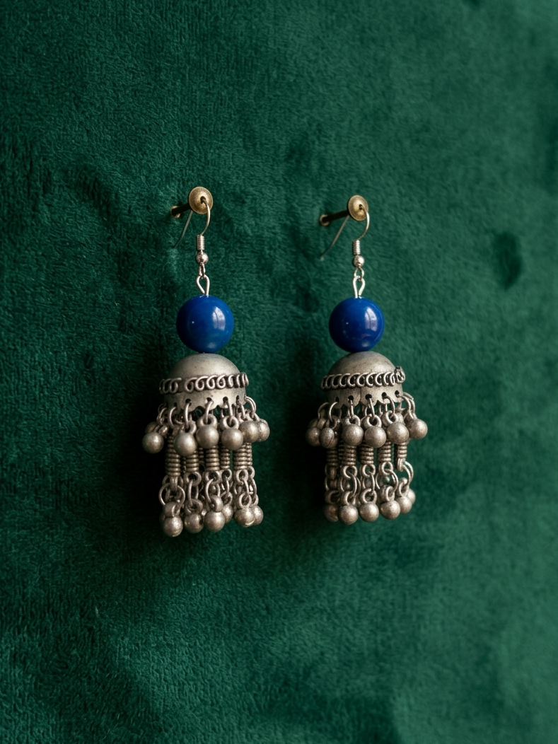Oxidized Silver Cobalt Blue Jhumka Earrings | Tribal Ethnic Earrings hhe-24-01