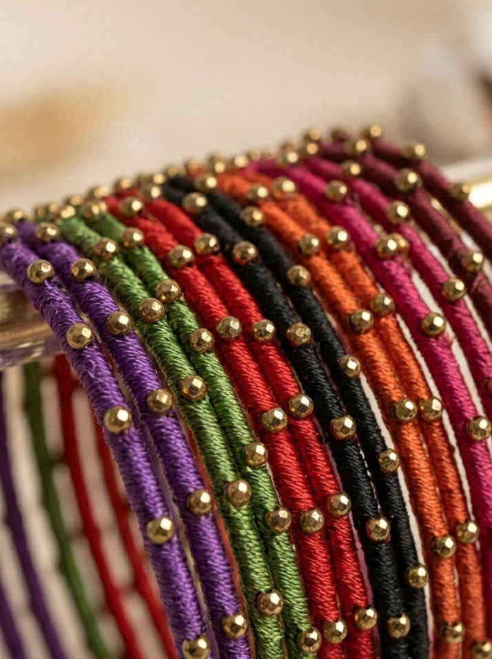 Set of 14 Silk Thread Bangles with Gold Bead Accents hhb-26-116