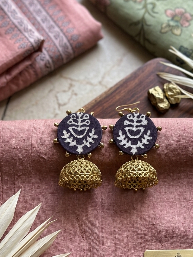 Ajrak Jhumki Earrings with Copper Antique Finish hhe-24-68