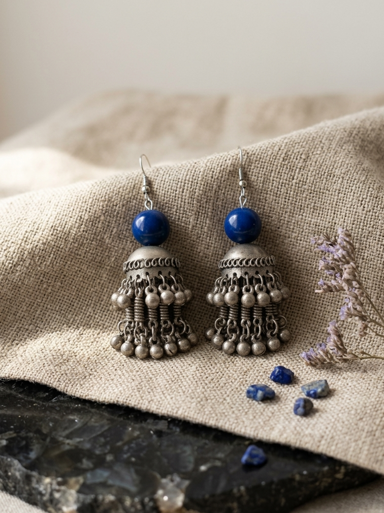 Oxidized Silver Cobalt Blue Jhumka Earrings | Tribal Ethnic Earrings hhe-24-01