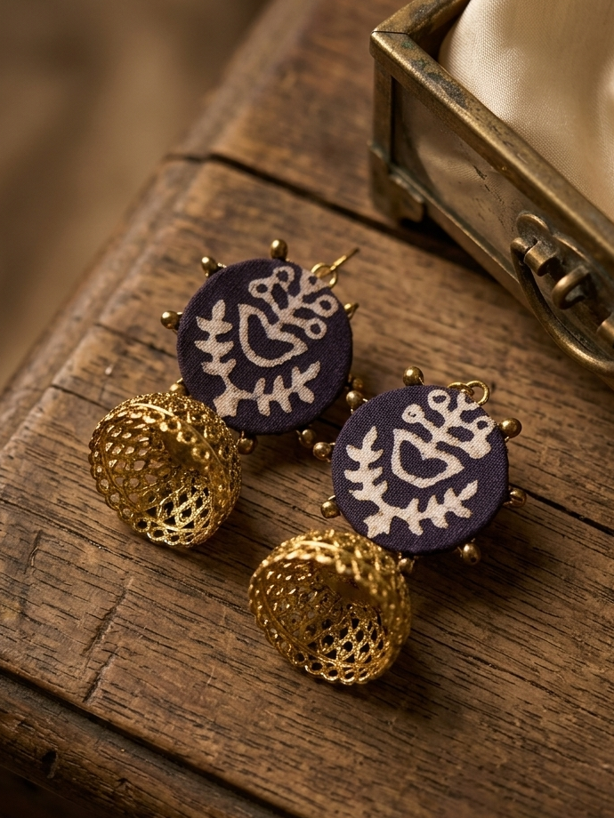 Ajrak Jhumki Earrings with Copper Antique Finish hhe-24-68