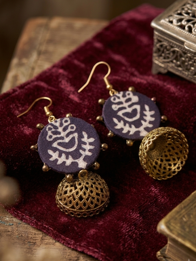 Ajrak Jhumki Earrings with Copper Antique Finish hhe-24-68