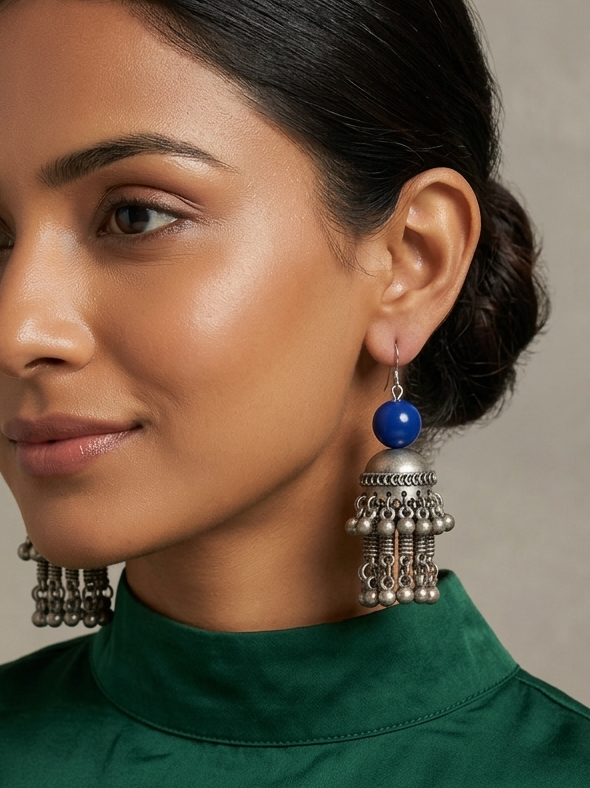 Oxidized Silver Cobalt Blue Jhumka Earrings | Tribal Ethnic Earrings hhe-24-01