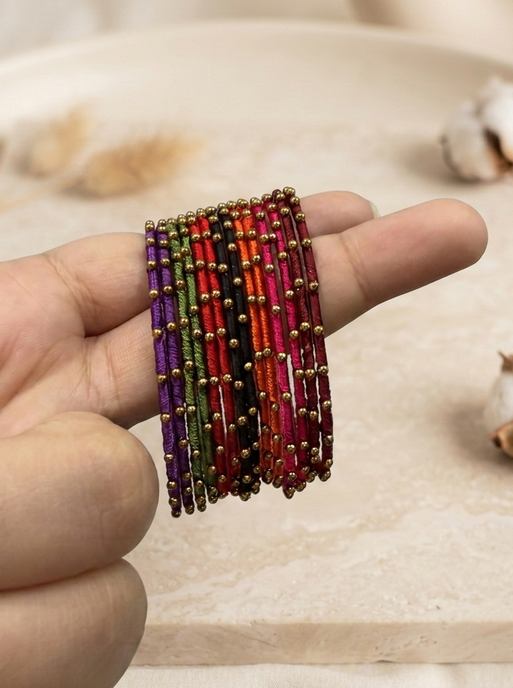 Set of 14 Silk Thread Bangles with Gold Bead Accents hhb-26-116