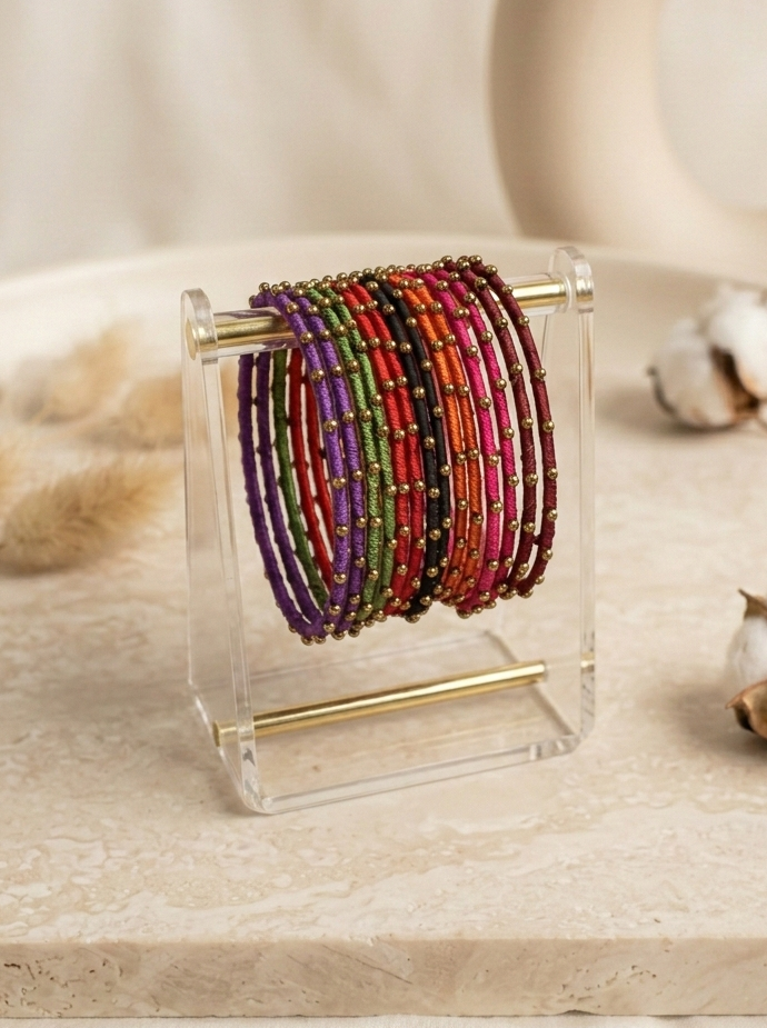 Set of 14 Silk Thread Bangles with Gold Bead Accents hhb-26-116