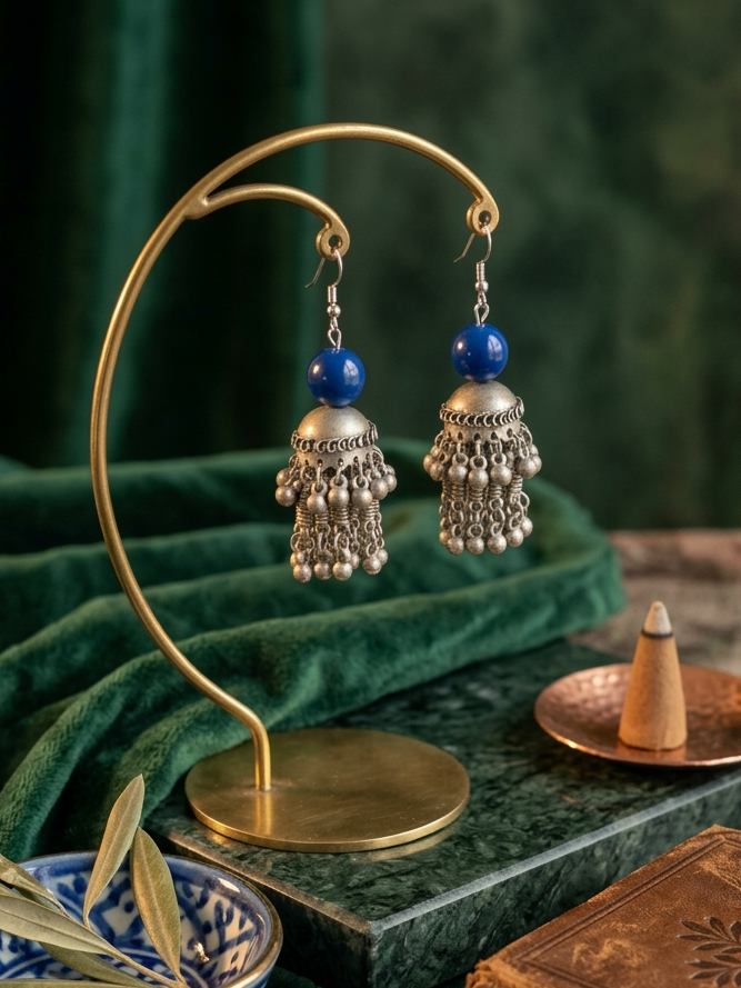 Oxidized Silver Cobalt Blue Jhumka Earrings | Tribal Ethnic Earrings hhe-24-01