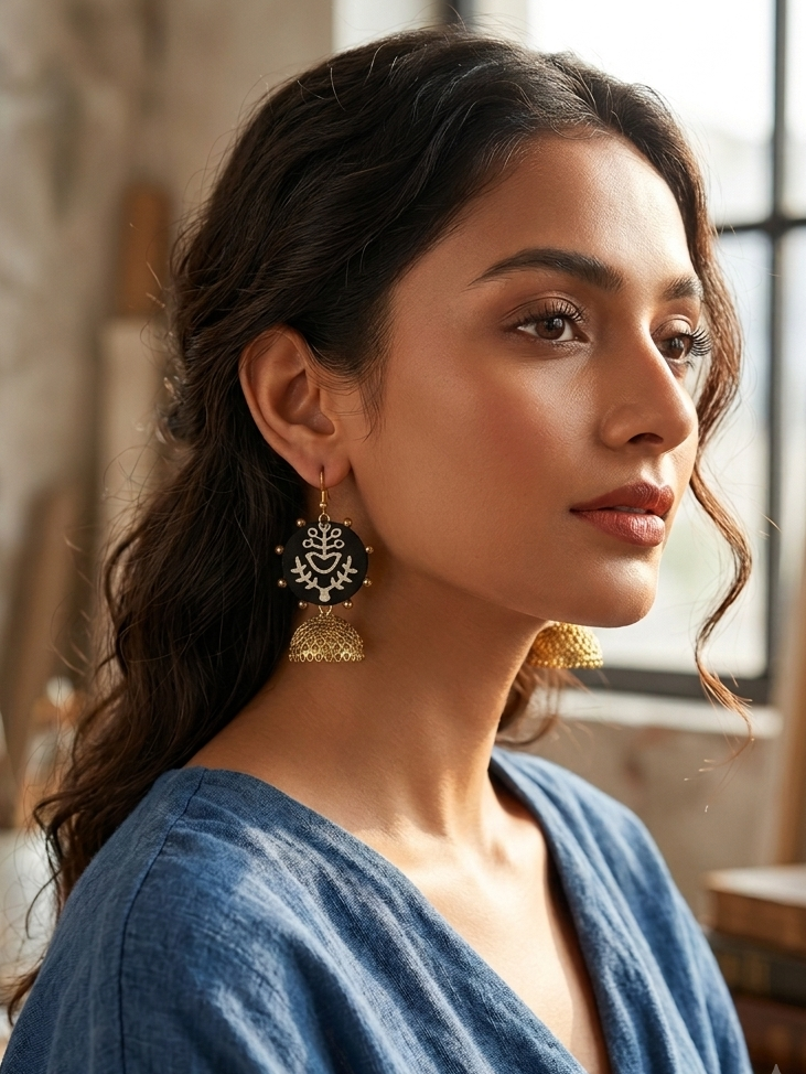 Ajrak Jhumki Earrings with Copper Antique Finish hhe-24-68